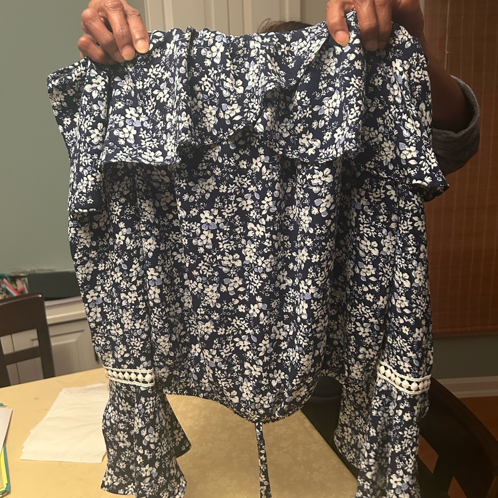 Iz Byer Navy Floral Blouse